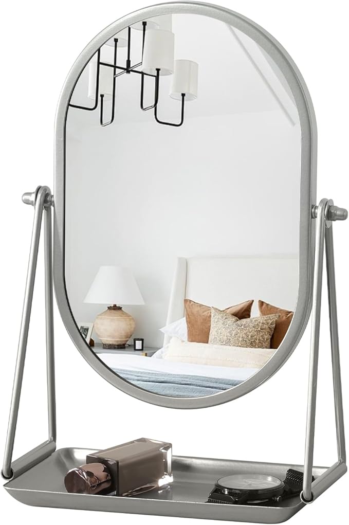 Small Vanity Makeup Mirror for Desk with Metal Stand Tabletop Makeup Oval Mirrors 360 Degree Swivel Portable Cosmetic Mirror for Travel Bedroom, Office, Dresser, Countertop