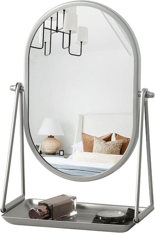 Small Vanity Makeup Mirror for Desk with Metal Stand Tabletop Makeup Oval Mirrors 360 Degree Swivel Portable Cosmetic Mirror for Travel Bedroom, Office, Dresser, Countertop