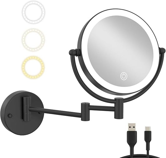 Brass Lighted Wall Mounted Mirror Magnifying 1×10×, 8-Inch Rechargeable Double Sided, Touch Dimmable Extended Arm 360 Rotation Cosmetic Mirror for Bathroom, Matt Black