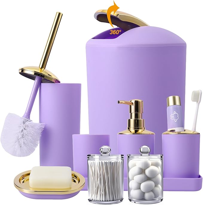 BSSN Purple and Gold Bathroom Accessories Set, 9 Pieces Luxury Bath Decor Set with Trash Can, Toilet Brush, Gold Pump Soap Dispenser, Multi-Slot Toothbrush Holder, Qtip Jars and Tray