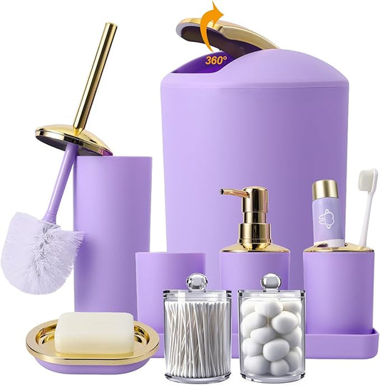 BSSN Purple and Gold Bathroom Accessories Set, 9 Pieces Luxury Bath Decor Set with Trash Can, Toilet Brush, Gold Pump Soap Dispenser, Multi-Slot Toothbrush Holder, Qtip Jars and Tray