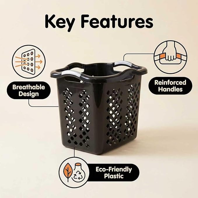 2-Pack Plastic Laundry Hamper, 2 Bushel Large Laundry Basket with Silver Carry Handles, Easy Carry Dirty Clothes Hamper Bin for Home & Apartment