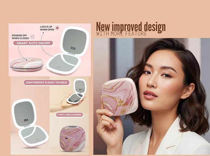 Lighted Makeup Compact Mirror, 3.9 Inch – 1x/10x Magnification Portable, LED – Auto Light On/Off - USB Charging, (Blush Marble)