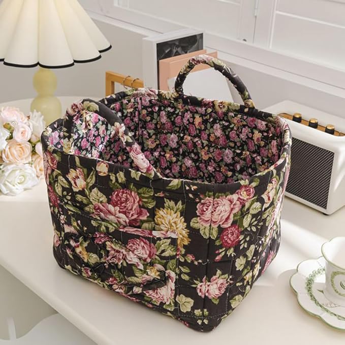 Quilted Fabric Storage Basket Boho Floral Laundry Hamper with Handle Foldable Floral Basket Organizer for Car Bedroom