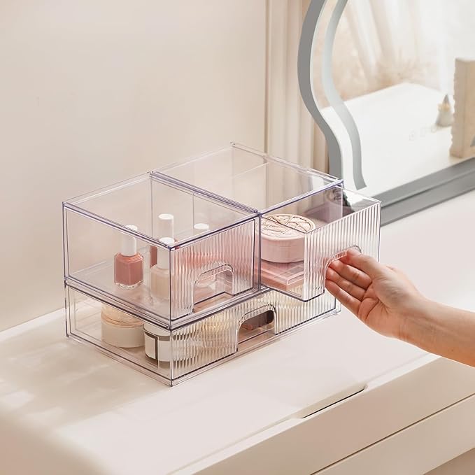 Clear Stackable Desk Storage Drawers, 3 Pack Acrylic Bathroom Makeup Organizers, Easily Assemble All Purpose Plastic Bins for Brightroom, Pantry Organization, Vanity, Undersink, Cabinet