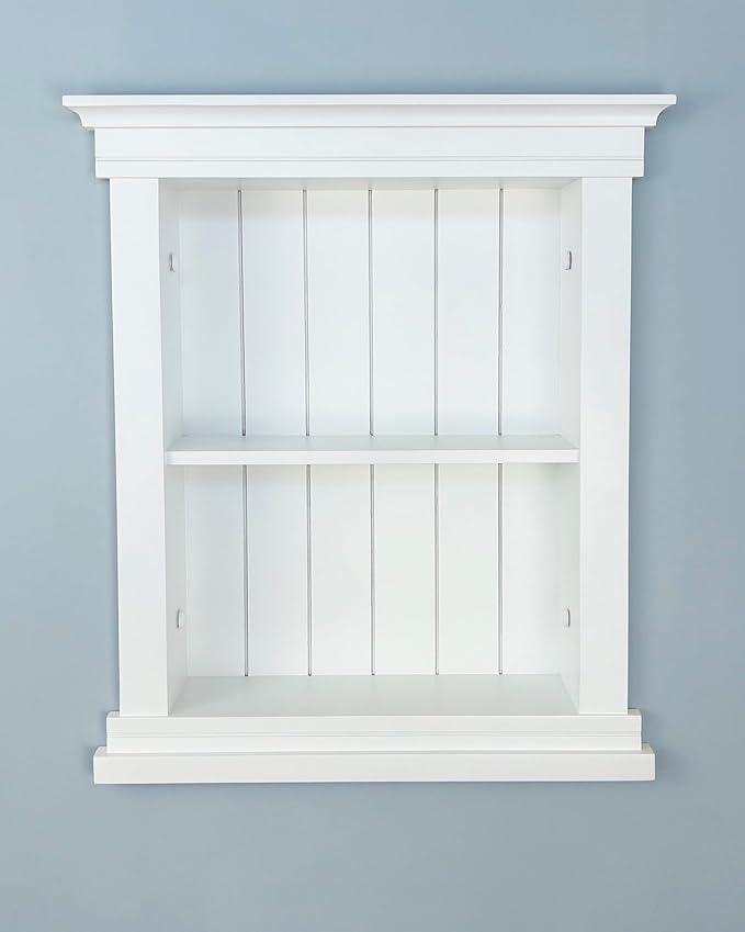 Fox Hollow Furnishings 14x18 Elliot Craftsman Recessed Wood Wall Niche, Open Medicine Cabinet Replacement, in The Wall Bathroom Cabinet Insert Shelves, Made in North America, NO MDF, Beadboard, White
