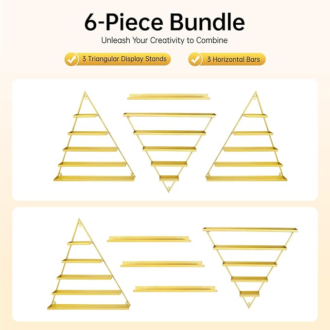 Wall-Mounted Nail Polish Rack, Set of 6 Triangular Gold Nail Polish Shelf Lipstick Perfume Cosmetic Display Shelf for Home Spa Nail Salon Shop