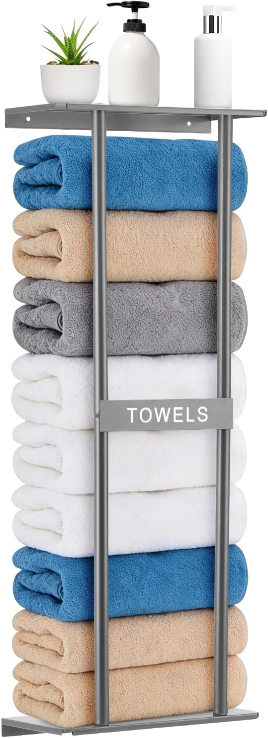 Vertical Towel Rack Wall Mounted - Metal Rolled Towel Holder, 31 Inch Black Space Saving Bathroom Storage Shelf for Shower, Toilet & RV (Grey)
