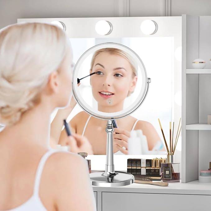9" Large Make up Vanity Mirror with Lights Chrome Two Way Mirror 1x/10x Magnifying Mirrors with Light and Stand 4000mAh Rechargeable Led Makeup Mirrors for Desk Dresser Table
