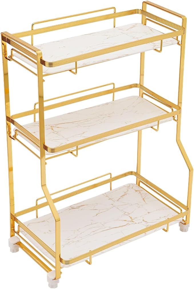 LYNICESHOP 3 Tier Bathroom Countertop Organizer, Gold and White Modern Vanity Organizer with Small Storage Baskets, Skincare, Perfume - Spaace Saving, Easy Assembly, Non-Slip (12.6x6.5in)