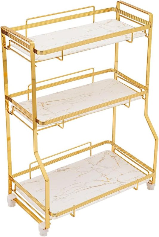 LYNICESHOP 3 Tier Bathroom Countertop Organizer, Gold and White Modern Vanity Organizer with Small Storage Baskets, Skincare, Perfume - Spaace Saving, Easy Assembly, Non-Slip (12.6x6.5in)