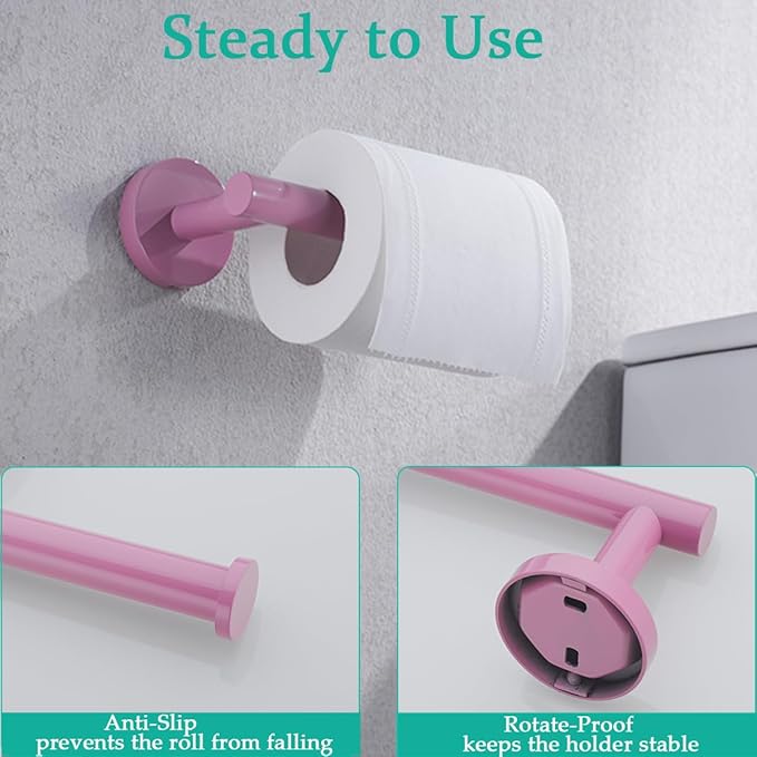 Pink Bathroom Accessories Set,5 Pieces Bathroom Hardware Set,24 inch Towel Bar,Towel Ring for Bathroom,Robe Towel Hooks,Toilet Paper Holder Wall Mounted(Drilling),SE96006S-5PK