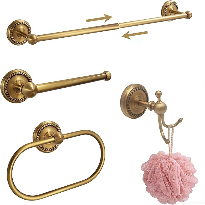 4-Pieces Antique Brass Gold Bathroom Accessories Set, Adjustable Towel Bar Fits 13.2”-24.6” Centers, Oval Towel Ring, Robe Hook, Toilet Paper Holder, Towel Racks for Bathroom Wall Mounted Hardware Set