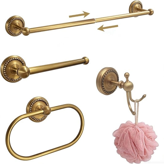 4-Pieces Antique Brass Gold Bathroom Accessories Set, Adjustable Towel Bar Fits 13.2”-24.6” Centers, Oval Towel Ring, Robe Hook, Toilet Paper Holder, Towel Racks for Bathroom Wall Mounted Hardware Set