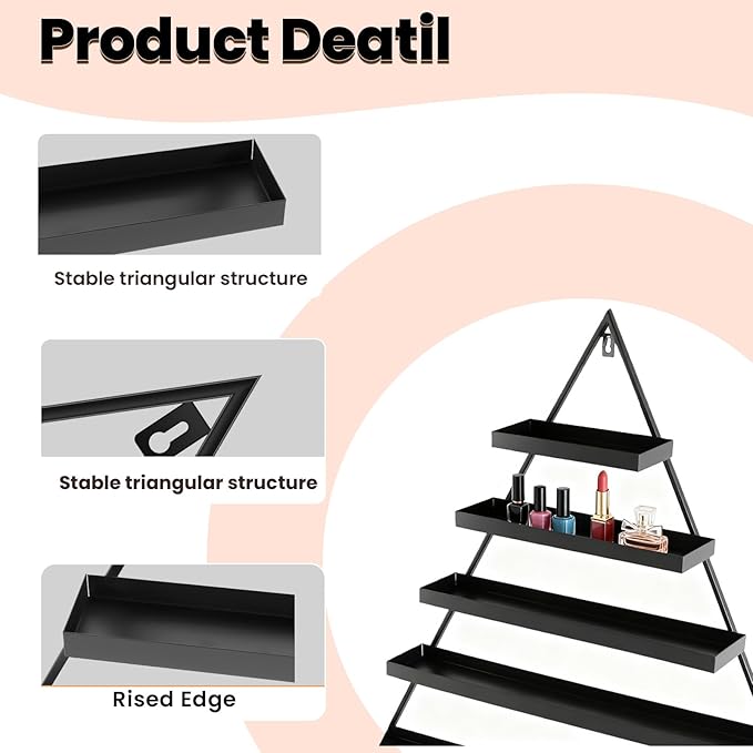 5 Tiers Triangular Nail Polish Rack for The Wall, 10PCS Metal Wall Mounted Display Shelves for Lipstick, Perfume, Home Spa, Salon Shop