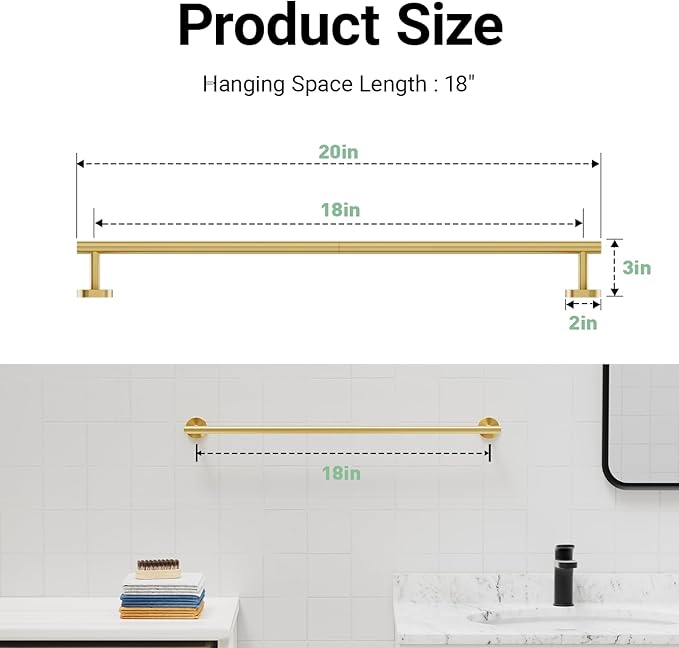 Brushed Gold Towel Bar, 18 Inch Towel Rack for Bathroom Wall-Mounted, SUS304 Stainless Steel, Total Length 20 Inch