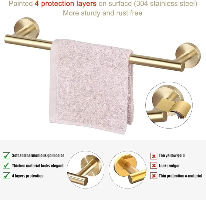 TocTen 5 PCS Bathroom Hardware Set SUS304 Stainless Steel-Towel Rack Set Include Lengthen Hand Towel Bar+Toilet Paper Holder+3 Robe Towel Hooks Bathroom Accessories Towel Bar Set(Brushed Gold,16IN)