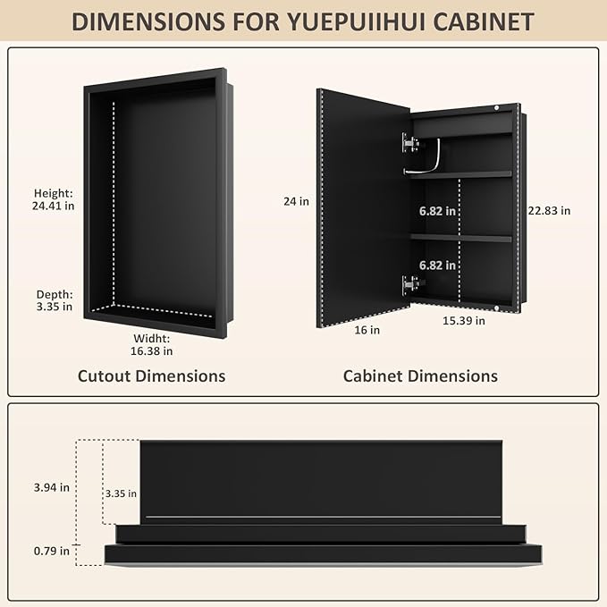 16X24 Inch Bathroom Medicine Cabinet, Adjustable 3-Color Brightness Dimming LED Mirror Recessed, Black