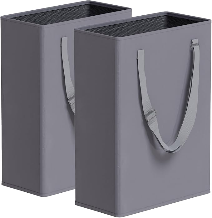 Slim Laundry Hamper with Adjustable Long Handles, 45L Small Laundry Baskets with Mesh Top, Narrow Dirty Clothes Hamper for Bedroom, Closet, and Bathroom - Grey, 2 Packs