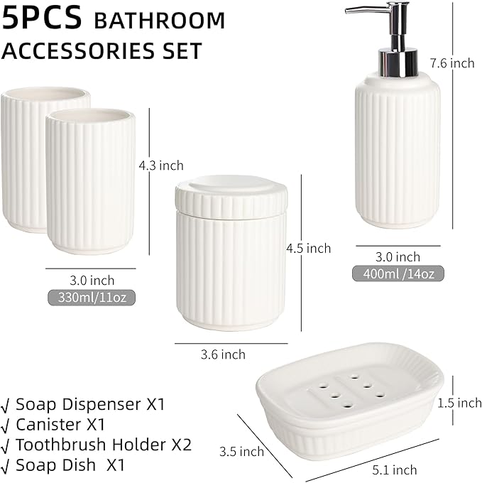 White Bathroom Accessory Set 5PCS, Ceramic Bathroom Accessories Set, Classic Design Bathroom Accessories Sets Complete, Home Apartment Modern Bathroom Decor Vanity Countertop, ANTIS'S HOME