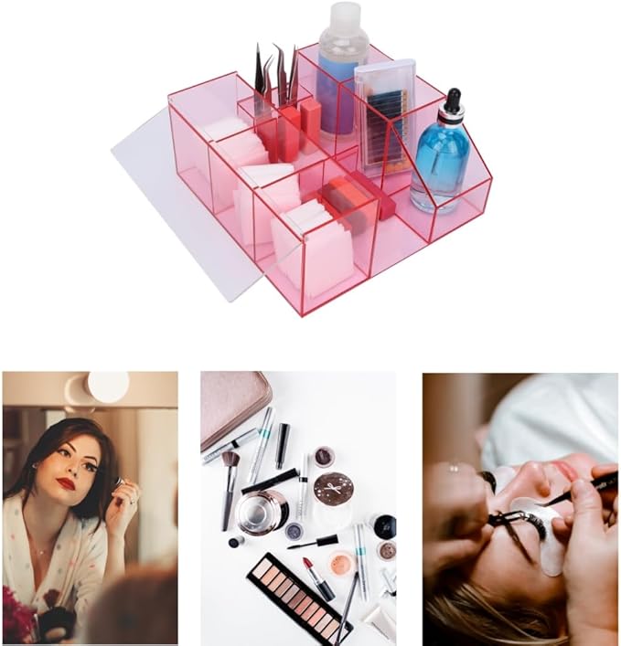 Eyelash Beauty Organizer, Acrylic Eyelash Grafting Tool Storage Beauty Tool W/Tweezers Holder Display Boxes for Home Eyelash Salon (Transparent Pink)