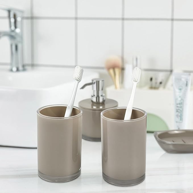 Thickened Bathroom Accessories Set, 4-Piece Bathroom Accessories Set with 2 Toothbrush Cups, Soap Dispenser, Soap Dispenser (Light Brown)