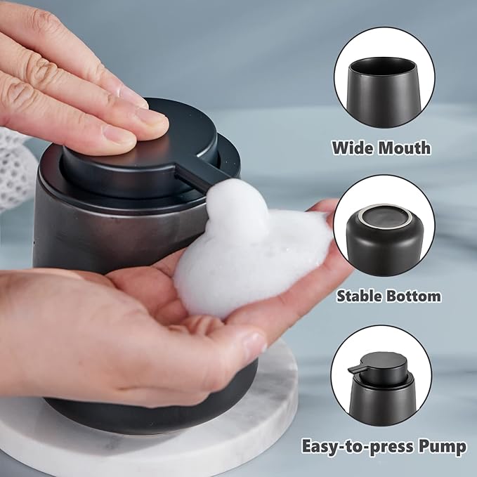 Matte Black Bathroom Accessory Set - 3pcs Ceramic Soap Dispenser Set Vanity Countertop Accessories Set, Includes Refillable Foaming Hand Soap Dispenser, Toothbrush Holder and Tray (Foam Pump)