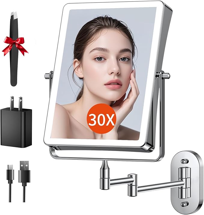 FUNTOUCH 5000mAh Rechargeable Wall Mounted Makeup Mirror with Lights, 8.7" Double Sided 1X/30X Magnifying Mirror with Dimmable 3 Color Light, Extended Swing Arm 360° Wall Mount Bathroom Vanity Mirror