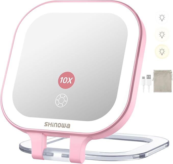Shinowa Rechargeable Travel Makeup Mirror with 44 LED Lights, 1X/30X Magnifying Vanity Mirror with 3 Color Light, Folding Stand, 4 Inch Portable Dimmable Double Sided Compact Lighted Mirror, Pink