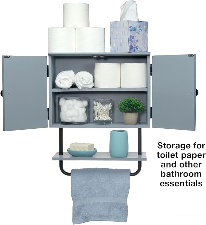 EXCELLO GLOBAL PRODUCTS 17x21” Barndoor Bathroom Wall Cabinet, Space Saver Storage Cabinet Kitchen Medicine Cabinet with Adjustable Shelf and Towel Bar, Rustic Gray