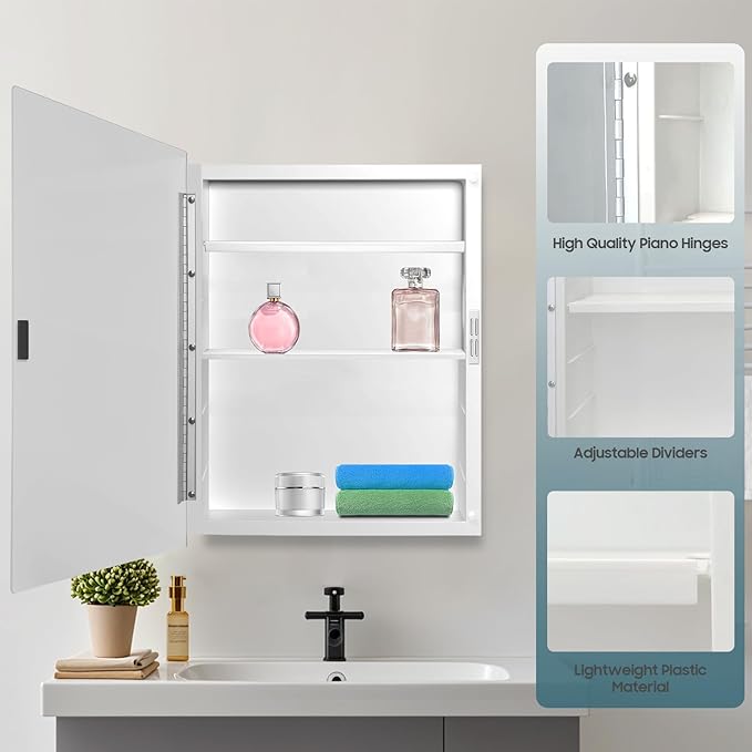 Plastic Medicine Cabinet with Mirror 17x27 inch, Recessed Medicine Cabinet or Surface Wall Mount Bathroom Cabinets with Adjustable Shelves, Beveled Edge Mirror Cabinet