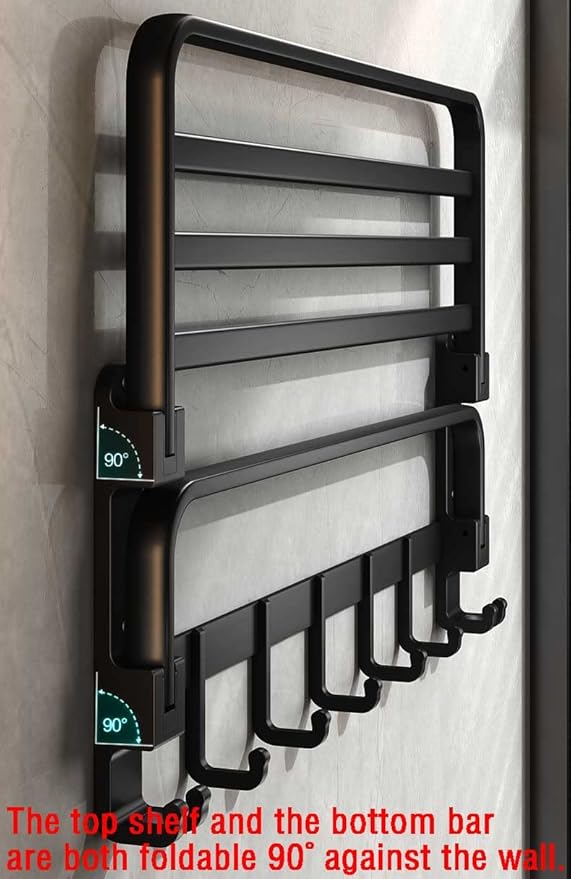 (1 Pack) Yariwiz Matte Black Towel Rack Wall Mounted No Drill and Screw Mounting, Bathroom Bath Shower Length 24 inch Double Towel Rod with Shelf Hotel Towel Rack B0503-MB