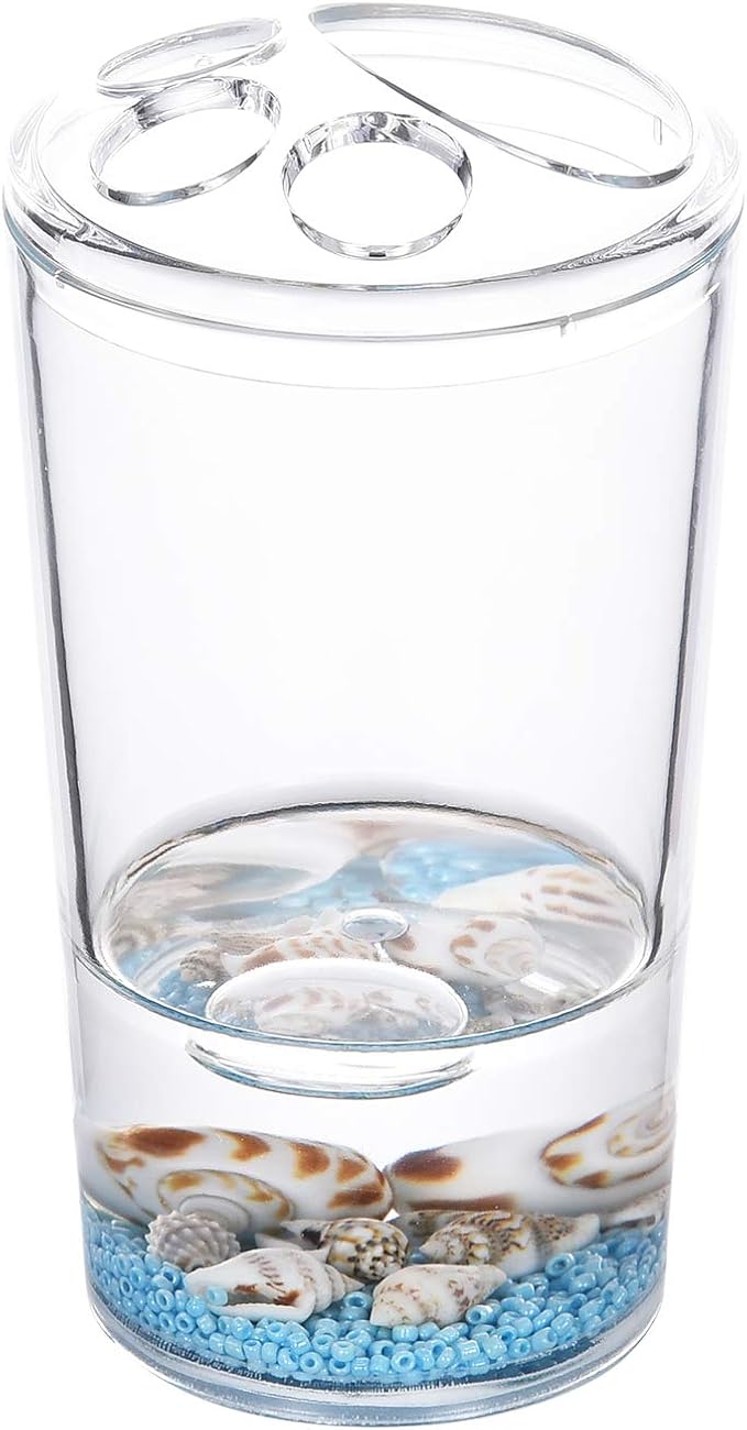 Locco Decor 4 Piece Acrylic Liquid 3D Floating Motion Bathroom Vanity Accessory Set Oceam Theme Sea Shell Conch Toothbrush Holder, Tumbler, Soap Dispenser, Soap Dish