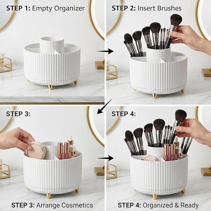 360° Rotating Makeup Brush Holder Organizer, White 5-Slot Spinning makeup organizer Cup for Women, Vanity Desk & Bathroom Storage for Cosmetics, Nail Polish and Beauty Tools