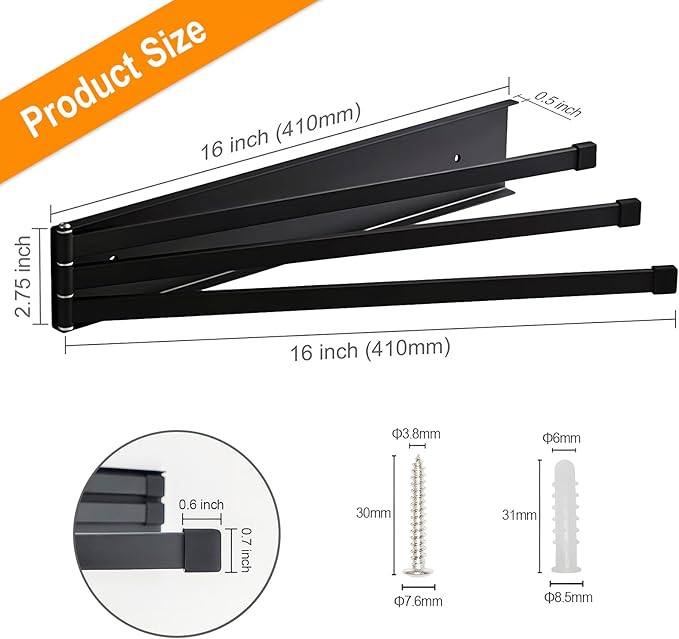 Swivel Towel Rack, 16 inch Extra Long Thickened Stainless Steel 3-Arm Towel Bar, Space Saving Wall Mounted Towel Holder, Rustproof Swing Out Towel Hanger for Bathroom, Kitchen (Matte Black)
