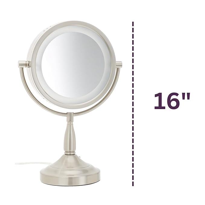 JERDON LED Lighted Tabletop Vanity Makeup Mirror – 8.5” Diameter with 7X-1X Magnification – Nickel Finish – Power Cord and Plug – Model LT856N