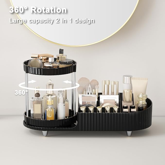 Makeup Organizer Countertop with Partition Slot for Vanity, Plastic Vanity Storage, 2-in-1 Large Desk Makeup and Skincare Organizers with Perfume Tray for Cosmetics Bathroom