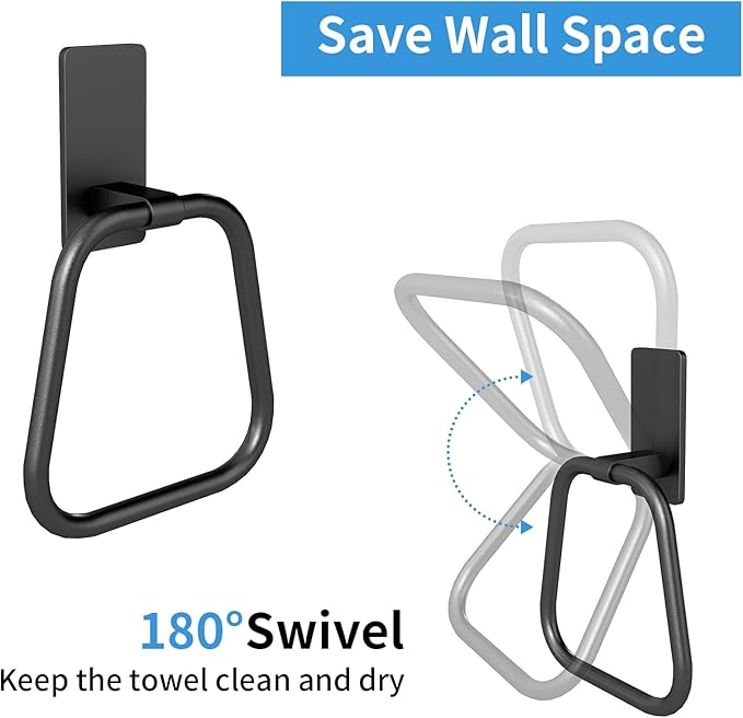 JUYSON Towel Ring, Hand Towel Holder for Bathroom, Adhesive Hand Towel Holder, Adhesive Towel Racks, Wall Mount Towel Hanger for Bathroom, Kitchen, NO Drill Easy to Install(Matte Black)