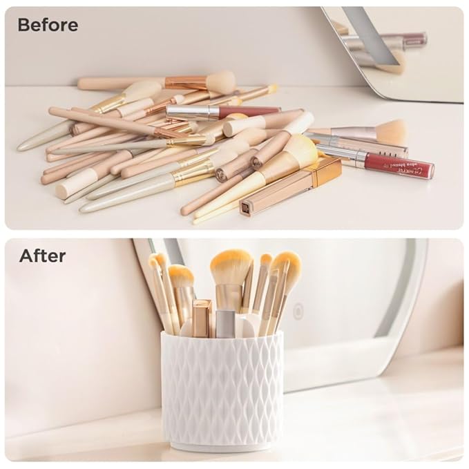 HBlife Makeup Brush Holder 360 Rotating Makeup Brush Organizer with Cover Cosmetic Organizer Dustproof Makeup Brushes Container Spinning Brush Holder for Vanity and Bathroom, Ripple