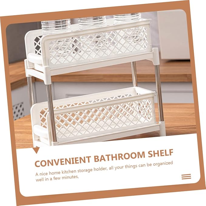 VOSAREA Double Layer Under Sink Organizer White Bathroom Shelf Adjustable Storage Trays Multi-Function Kitchen and Bathroom Organizer for Countertop Supplies