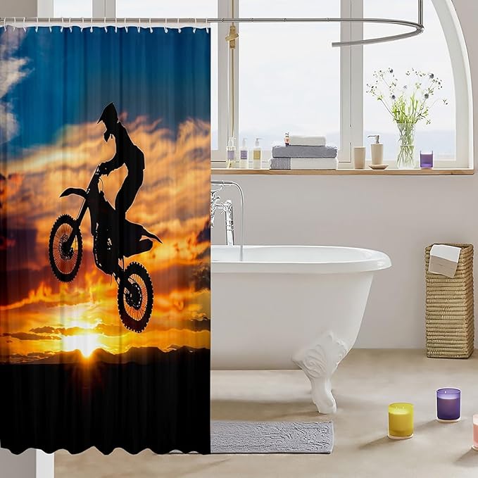 Feelyou Motocross Rider Shower Curtain for Girls Boys Dirt Bike Motorbike Bath Curtain Decorative Extreme Sports Theme Bathroom Shower Curtain Set Chic Sunset Waterproof Curtain 72"x84"
