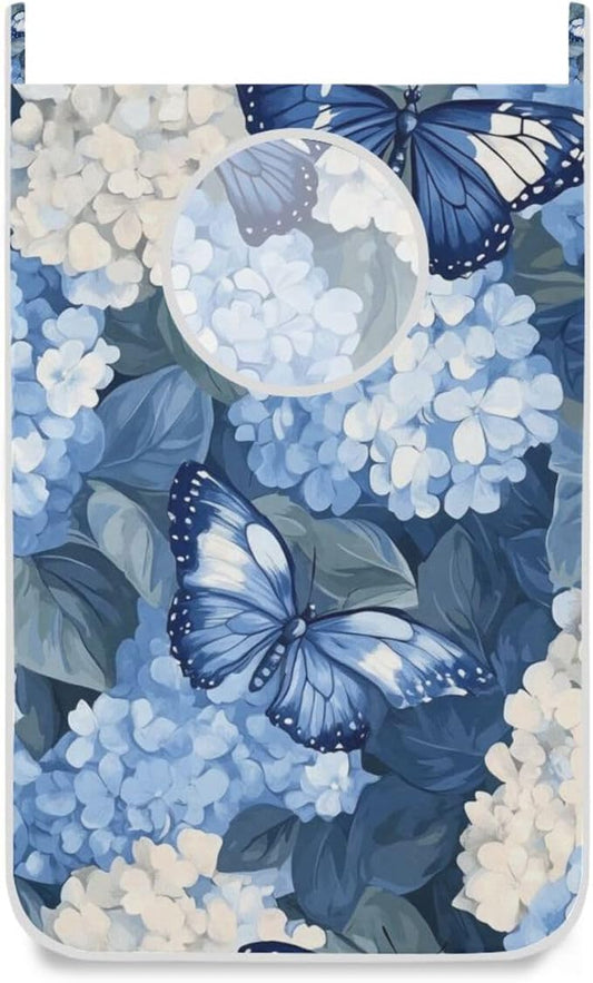 Blue Hydrangea and Butterfly Door Hanging Laundry Hamper Bag with Free Adjustable Stainless Steel Hooks Dirty Clothes Hamper Extra Large Over the Door Laundry Hamper 29.5X20inch 1 PCS