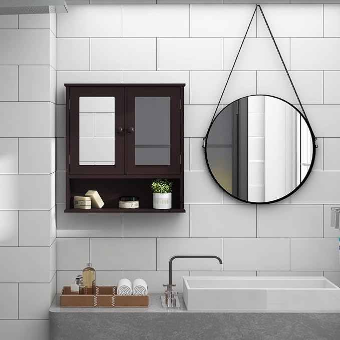 TaoHFE Brown Medicine Cabinet with Mirror - 2 Doors, 3 Open Shelves, Wall Mounted Wooden Storage Cabinet for Bathroom, Laundry Room, Kitchen