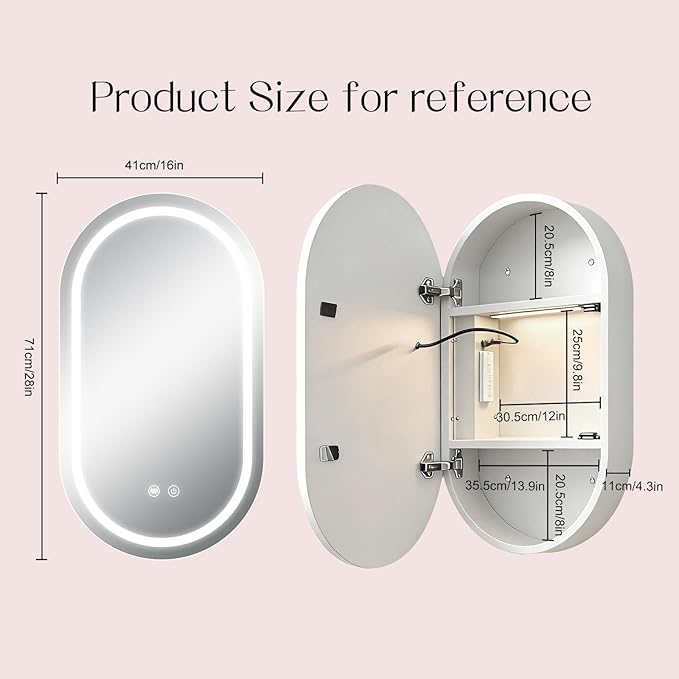 Oval Medicine Cabinet with Light,LED Medicine Cabinet,USB Shaver Socket,Internal Light,Steel with Powder Coating,Soft Closing Hinge,White,16×28inch
