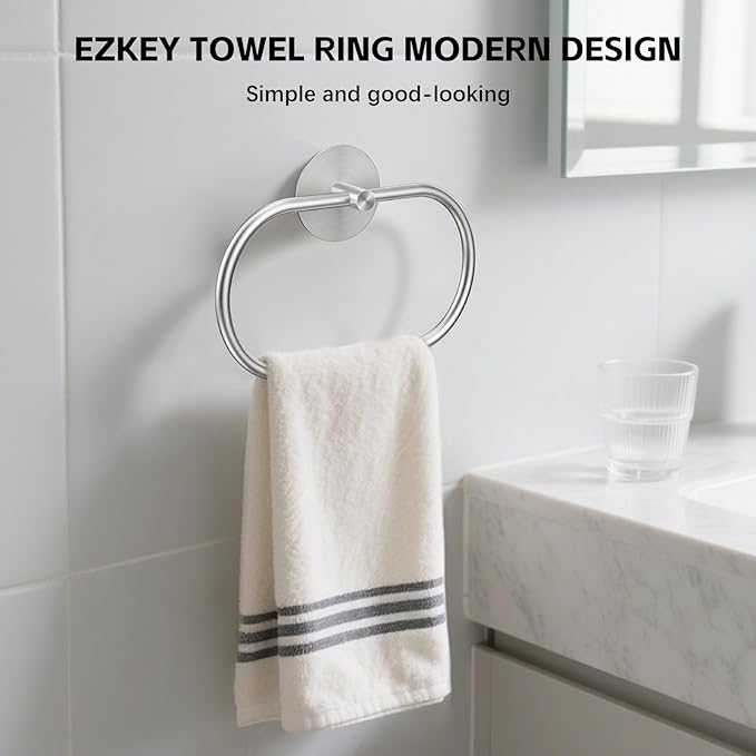 Adhesive Towel Holder Brushed Nickel Hand Towel Holder for Bathroom Wall Stainless Steel Towel Ring for Bathroom Decor and Accessories No Drilling, 2 Packs