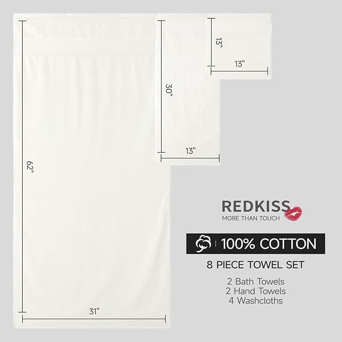 REDKISS 8 Piece Off White Towels Set - 100% Cotton Towels Set with 2 Large Bath Towels, 2 Hand, 4 Washcloths, 600 GSM Highly Absorbent Bath Towel Sets, Cream Quick Dry Shower Towel for Family Gym