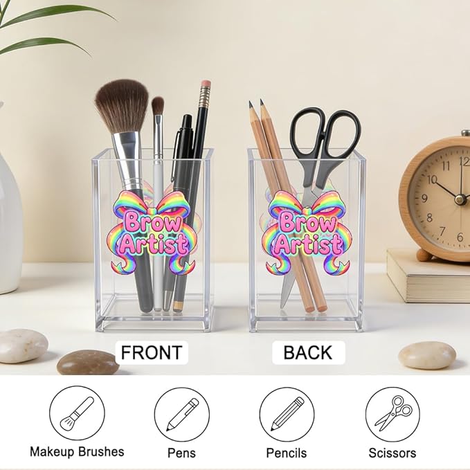 Brow Artist Acrylic Cosmetic Pencil Pen Holder, Funny Bow Vanity Accessories for Cosmetologist, Makeup Brushes Holder for Beauty Specialist Eyebrow Technician, Brow Artist Appreciation Gifts