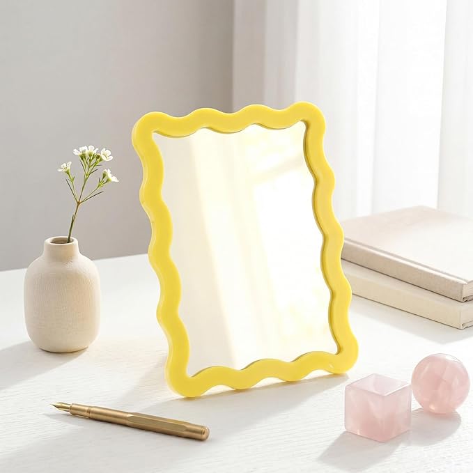 Leinuosen 1 Pcs Scalloped Magnetic Locker Mirror Small Real Glass Makeup Mirror with Magnetic Backing Cute Locker Decorations for Office Cabinet Lockers Accessories (5 x 7 Inch,Yellow)