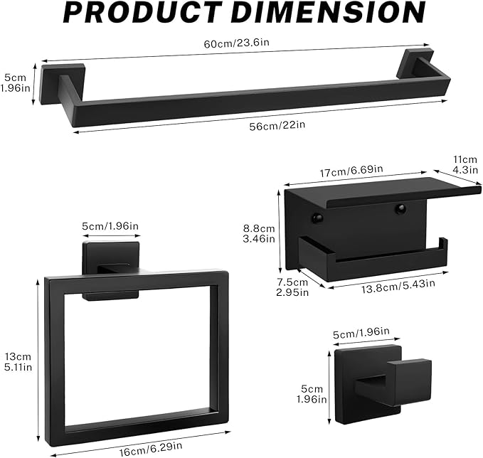 Matte Black Towel Bar Set 5-Piece Bathroom Hardware Accessories Set Includes 23.6 Inch Towel Bar,Toilet Paper Holder with Shelf,Square Towel Ring and Coat Hooks Stainless Steel Wall-Mounted