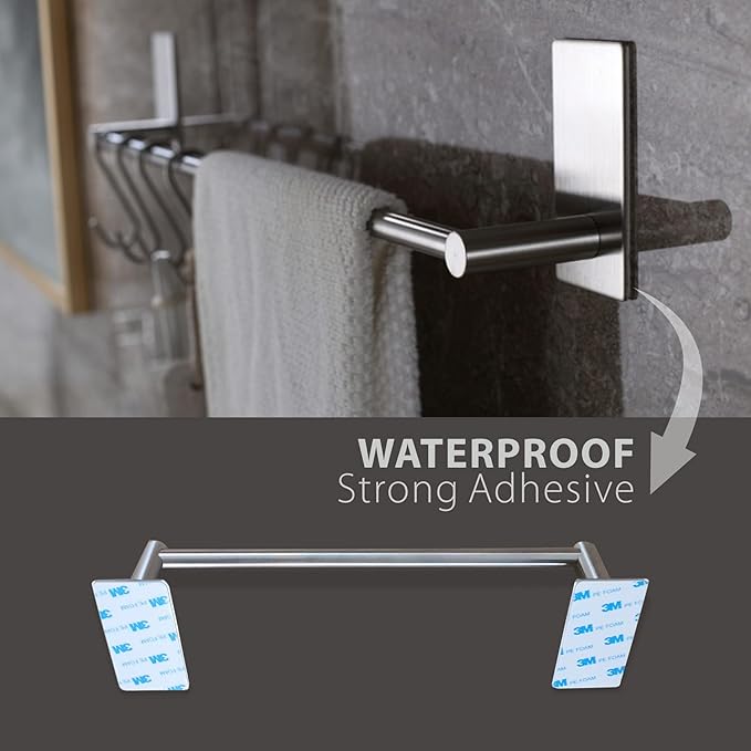 Adhesive Towel Bar 9-inch, Stick On Bath Towel Rack, Hand Towel Holders, No Drilling on Wall - Brushed Nickle